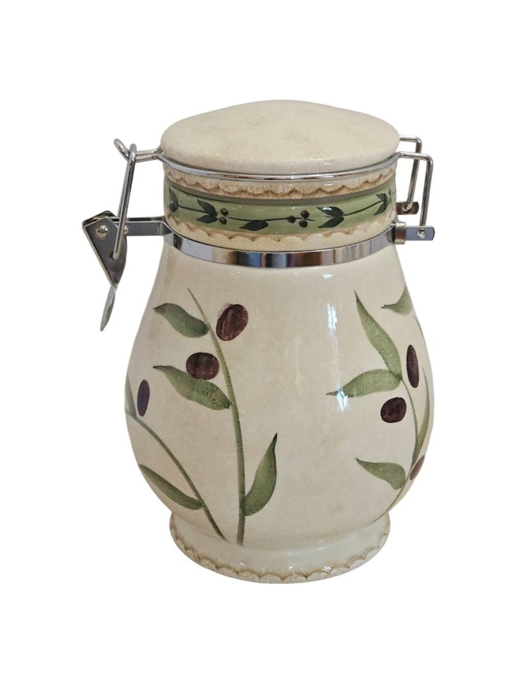 Oneida Oliveto Medium Canister 8" handpainted stoneware Italian inspired olive g
